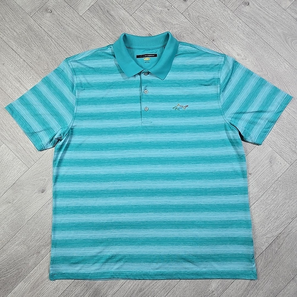 Greg Norman Size XL Play Dry Golf Polo Shirt Turquoise Green Stripe Short Sleeve